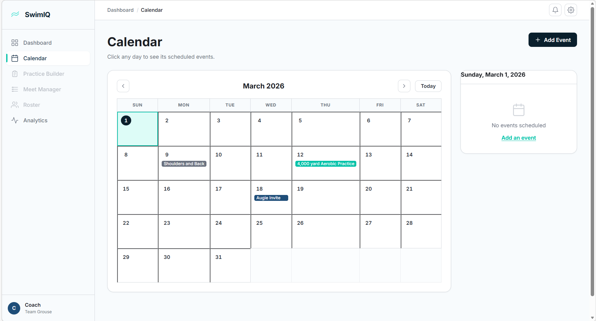 SwimIQ full calendar view