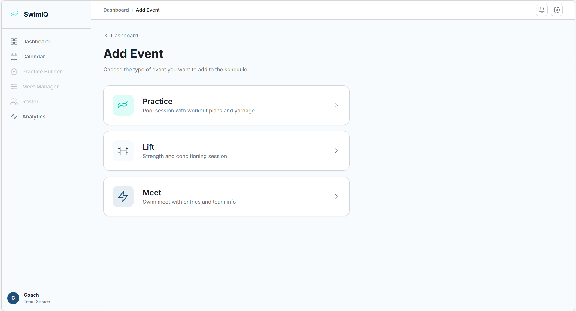 SwimIQ quick actions menu