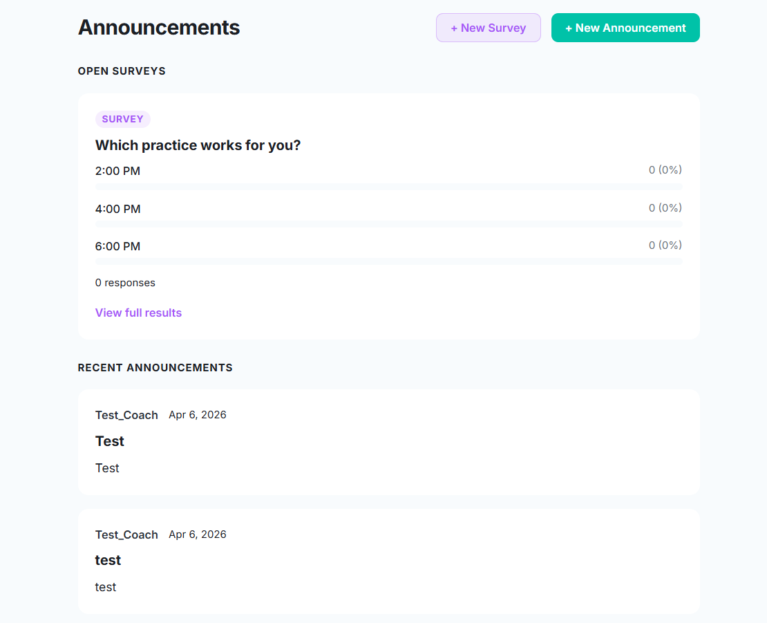 SwimIQ Announcements page with open survey and recent announcements