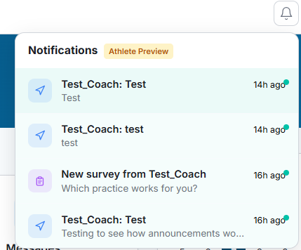 SwimIQ in-app notifications dropdown in Athlete Preview mode