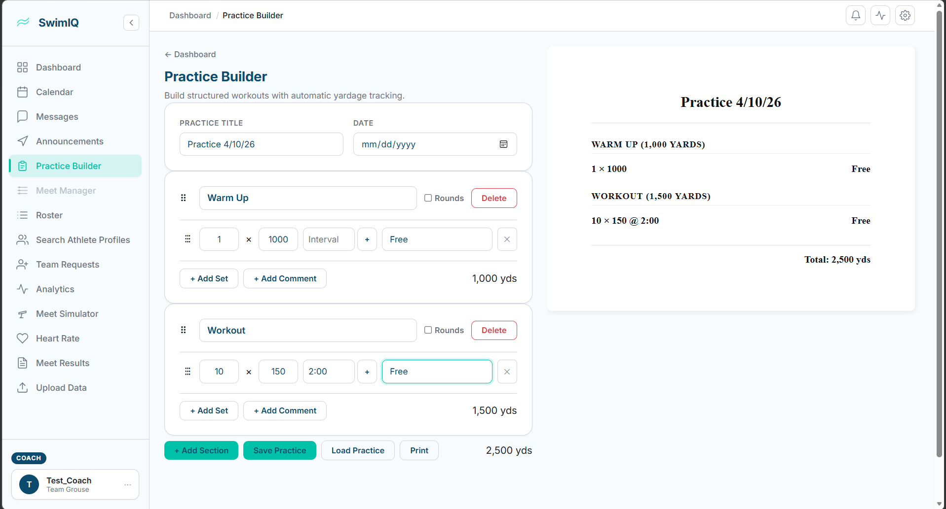 SwimIQ Practice Builder with comment button and live PDF preview
