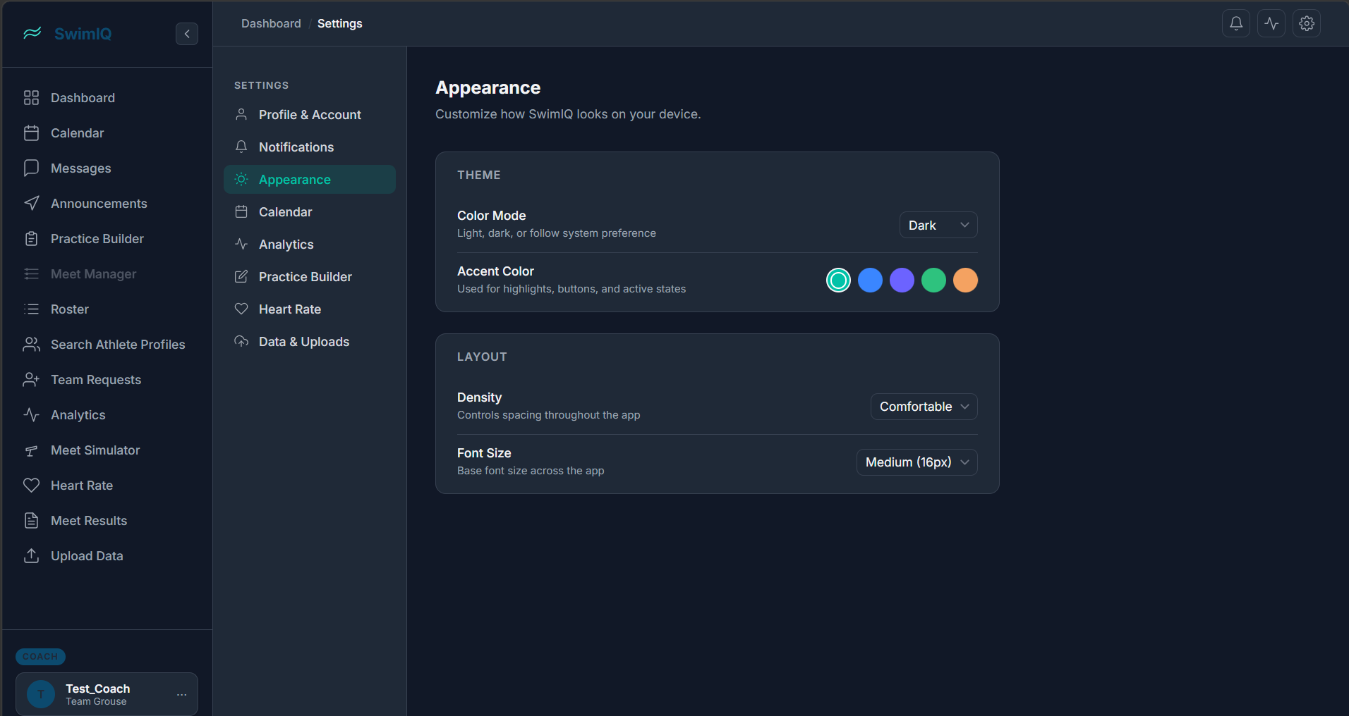 SwimIQ Settings — Appearance in dark mode