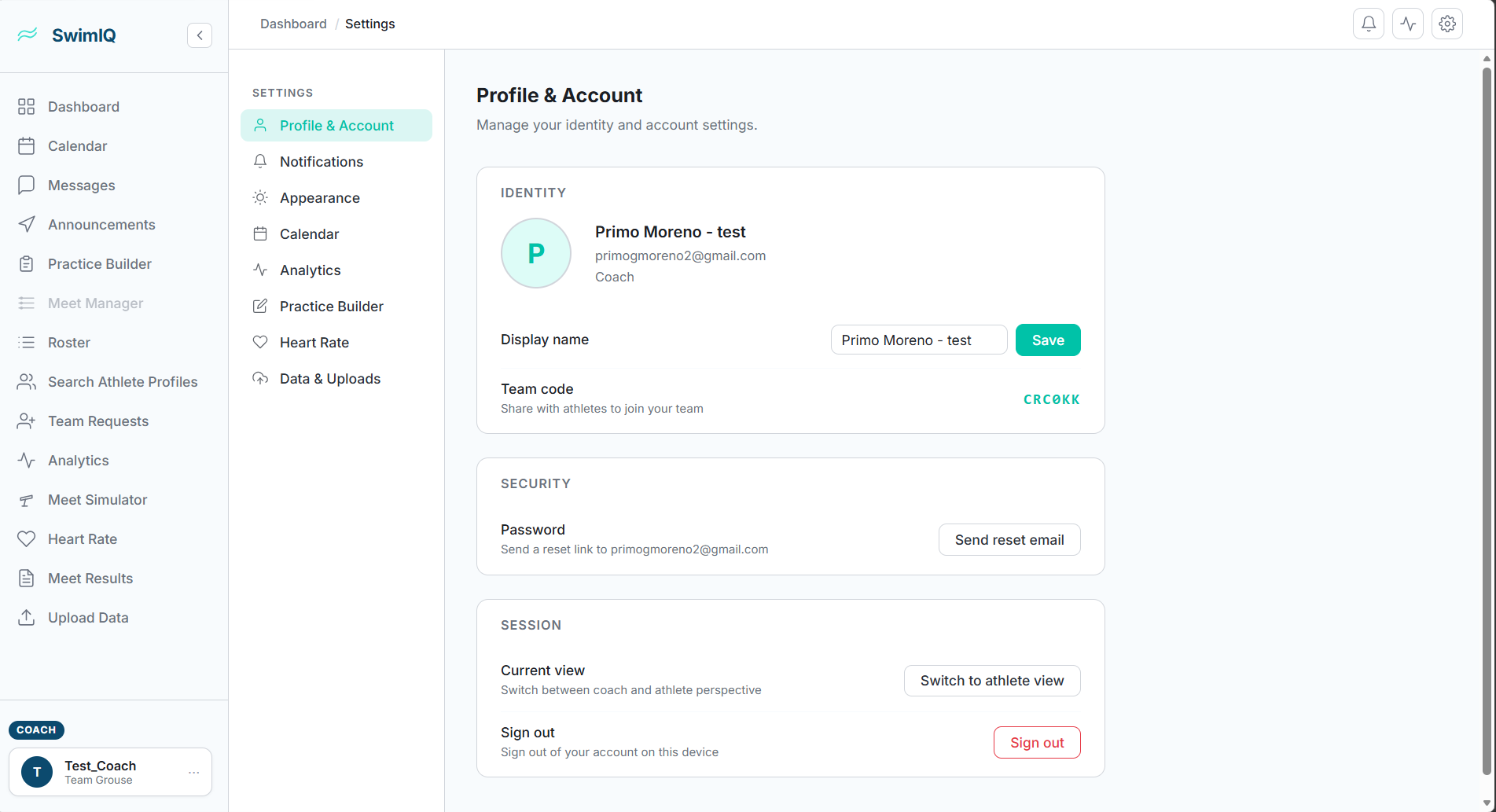 SwimIQ Settings — Profile & Account